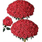 LetuoClips 50 PCS Red Roses Artificial Flowers, Fake Red Rose Bouquet, Artificial Silk Red Roses with Stems for DIY Wedding Flowers Decoration, Valentines Day Mothers Day, Bridal Bouquet Roses