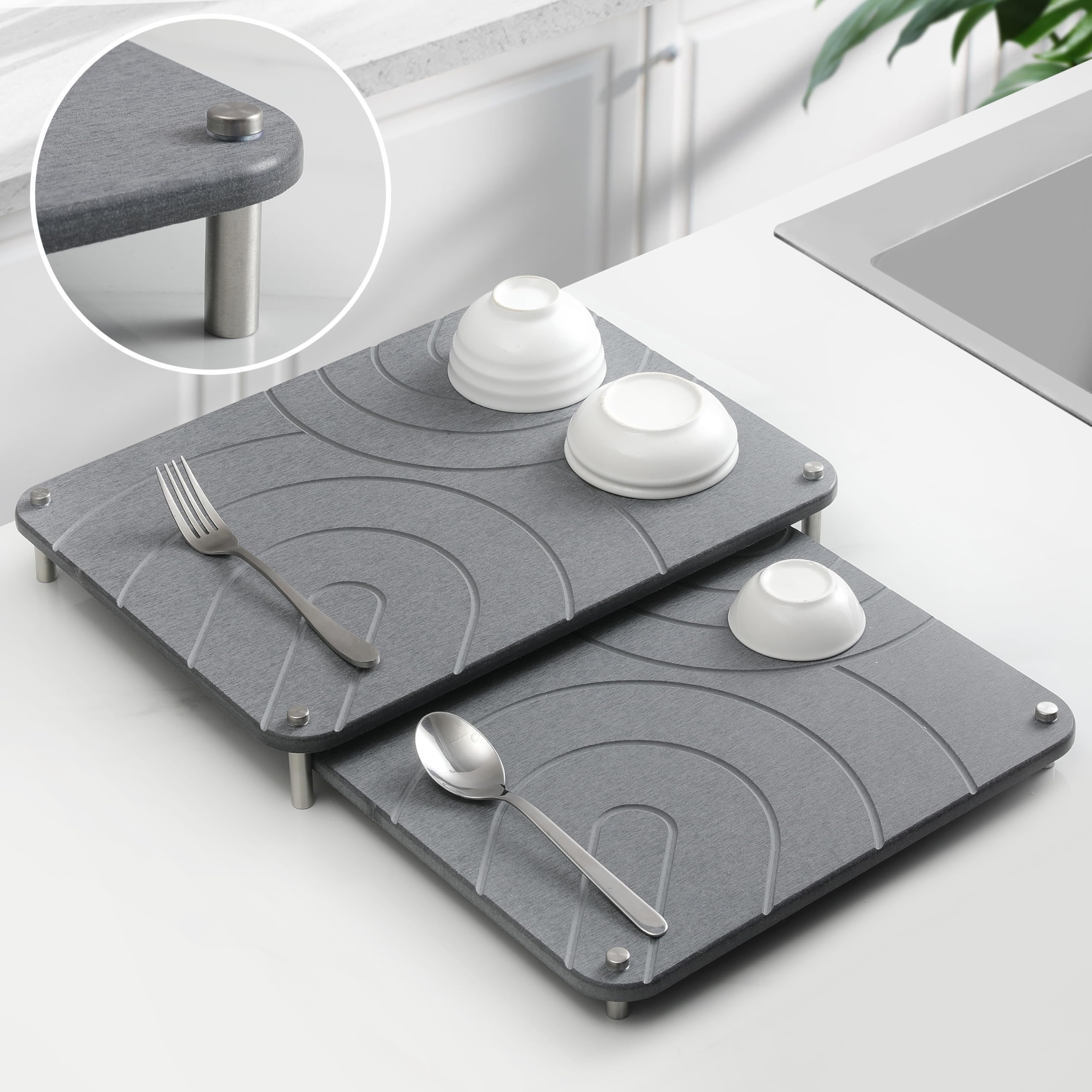 Photo 1 of **MISSING LEGS***CZWL&HG 2 PCs Stone Dish Drying Mats for Kitchen Counter-Diatomaceous Dish Drying Mats Superb Absorbent with Non-Slip Stainless Steel Feet,Heat Resistant,15.7"(L)×11.8"(W)