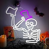 Halloween Neon Sign Skull Elegantly Tips His Hat Neon Light for Wall Decor Halloween Window Lights Dimmable Led Skeleton Light Up Sign for Party