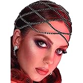 YAEISM Black Head Chain 1920s Tassel Crystal Flapper Mesh Caps Rhinestone Headpiece Cap Gatsby Bridal Party Belly Hair Accessories for Women and Girls