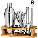 CasaCulina Cocktail Shaker Set Mixology Bartender Kit with Stand, 17 Piece Bar Tool Set: Martini Shaker, Jigger, Strainer, Mixer Spoon, Muddler, Liquor Pourers for Drink Mixing Bartending Kit(Silver)