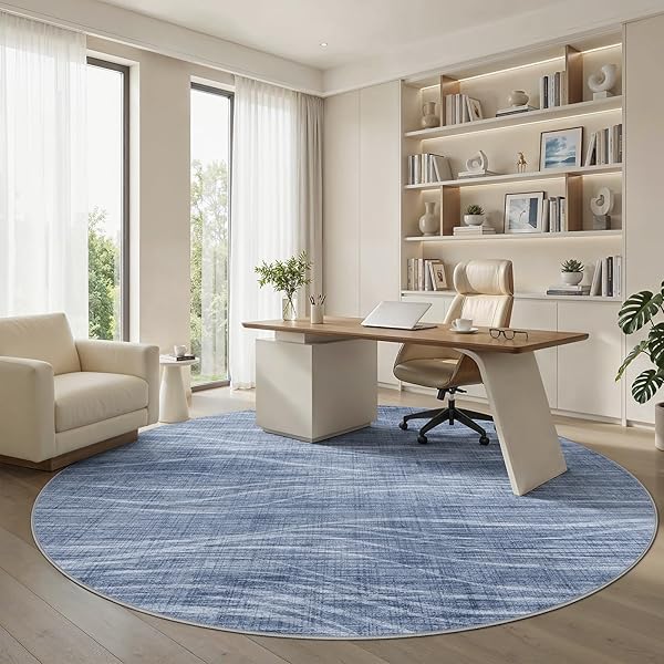 WITSHOCK 8FT ROUND RUGS FOR LIVING ROOM, MODERN STRIPED DESIGN AREA RUG, LARGE RUG FOR BEDROOM DINING ROOM OFFICE NURSERY, SOFT THIN NON-SLIP CARPETS FOR HOME DECOR, BLUE