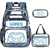 ACESAK Clear Backpack for Boys - 3 Pcs Game Clear Backpack Heavy Duty with Lunch Bag - See Through Bookbag Stadium Approved for Kids Middle High College School Travel (Blue Print Game)