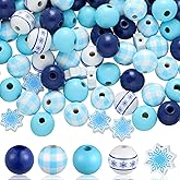 Juinte 200 Pieces Winter Wooden Beads - Colorful Buffalo Plaid Snowflake Craft Beads 16mm Round for DIY Garland Party Decors