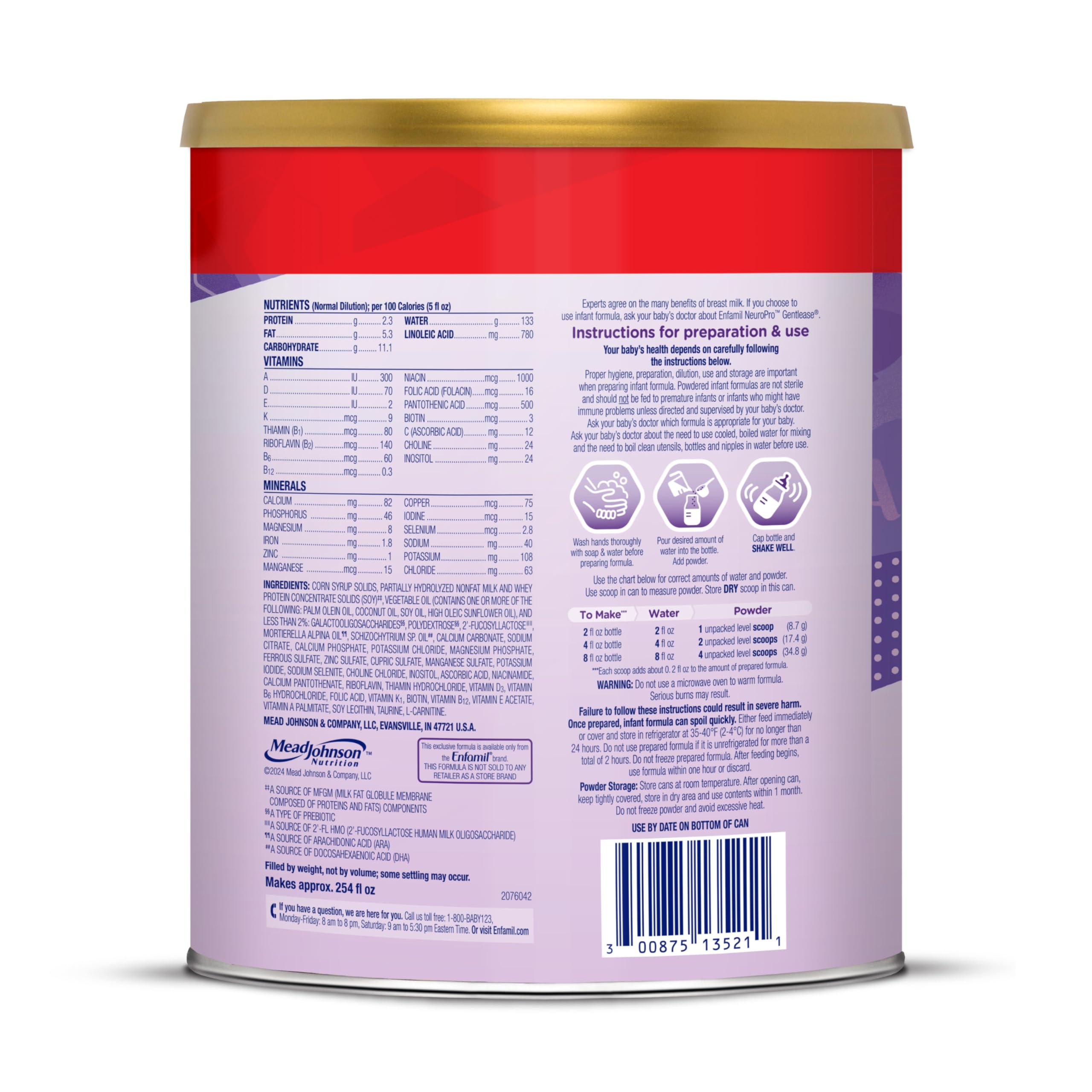 Enfamil NeuroPro Gentlease Baby Formula, Brain Building DHA, HuMO6 Immune Blend, Designed to Reduce Fussiness, Crying, Gas & Spit-up in 24 Hrs, Prebiotics to Promote Softer Stools, Baby Milk, 27.4 Oz
