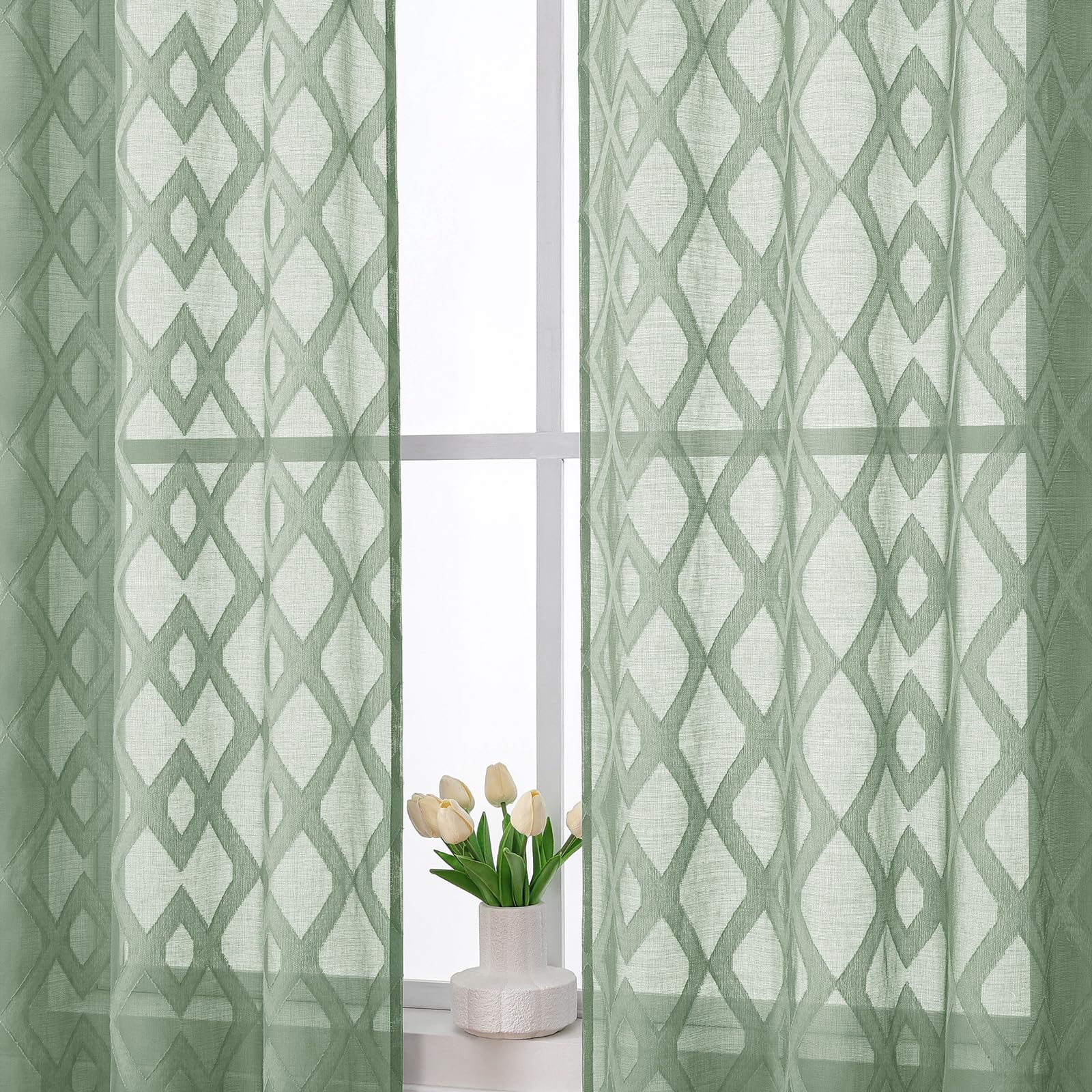 Photo 1 of **MISSING 1 PANEL** OWENIE Green Sheer Curtains 84 Inches Long 2 Panels Set for Bedroom, Light Filtering Geometric Jacquard Clip Textured Window Curtain, Modern Farmhouse Curtains for Living Room, Total Wide 84" Inch