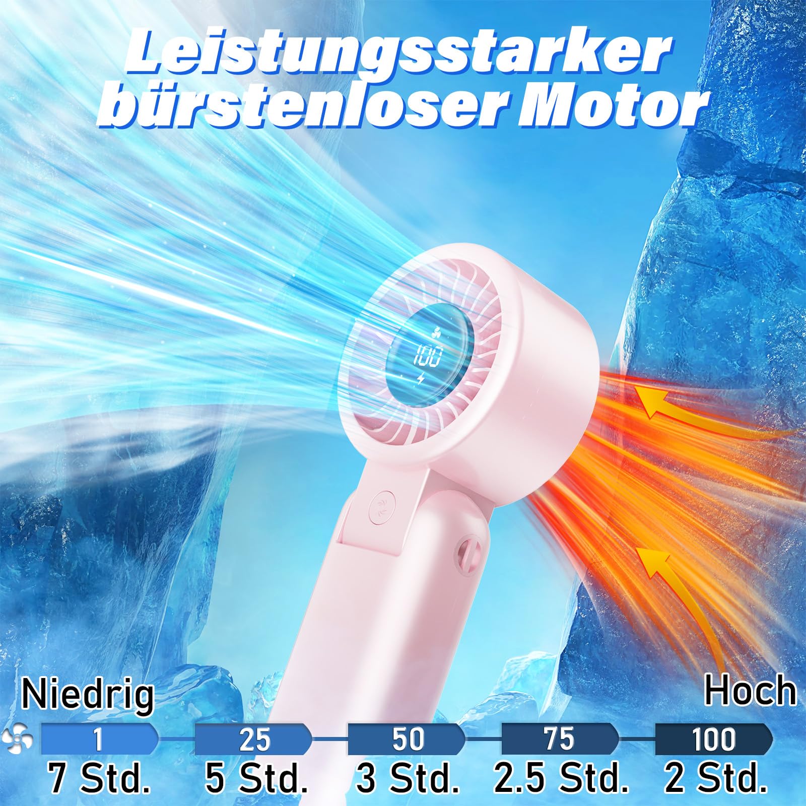 Portable HandHeld Turbo Fan - Foldable Personal Fan with LED Display, 5 Speeds, Lanyard, USB Rechargeable, Strong Airflow, Mini Pocket Fans Gifts for Women/Men, Travel, Vacation, Concerts, Lash, Beach