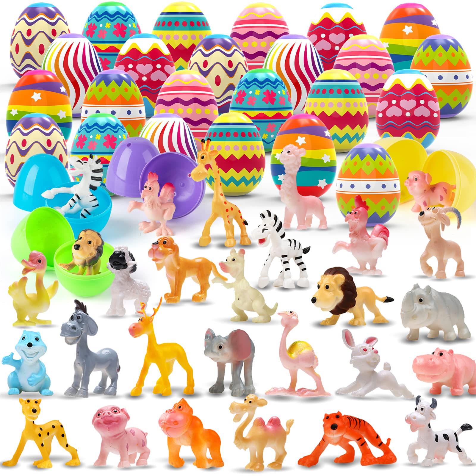 MAPIXO 24pcs Prefilled Easter Egg with Mini Animal Toy Inside, for Easter Egg Hunt, Easter Basket Filler, Filled Egg Bulk, Goody Bag Stuffers Filling Treats Party Favor Supplies for Kid