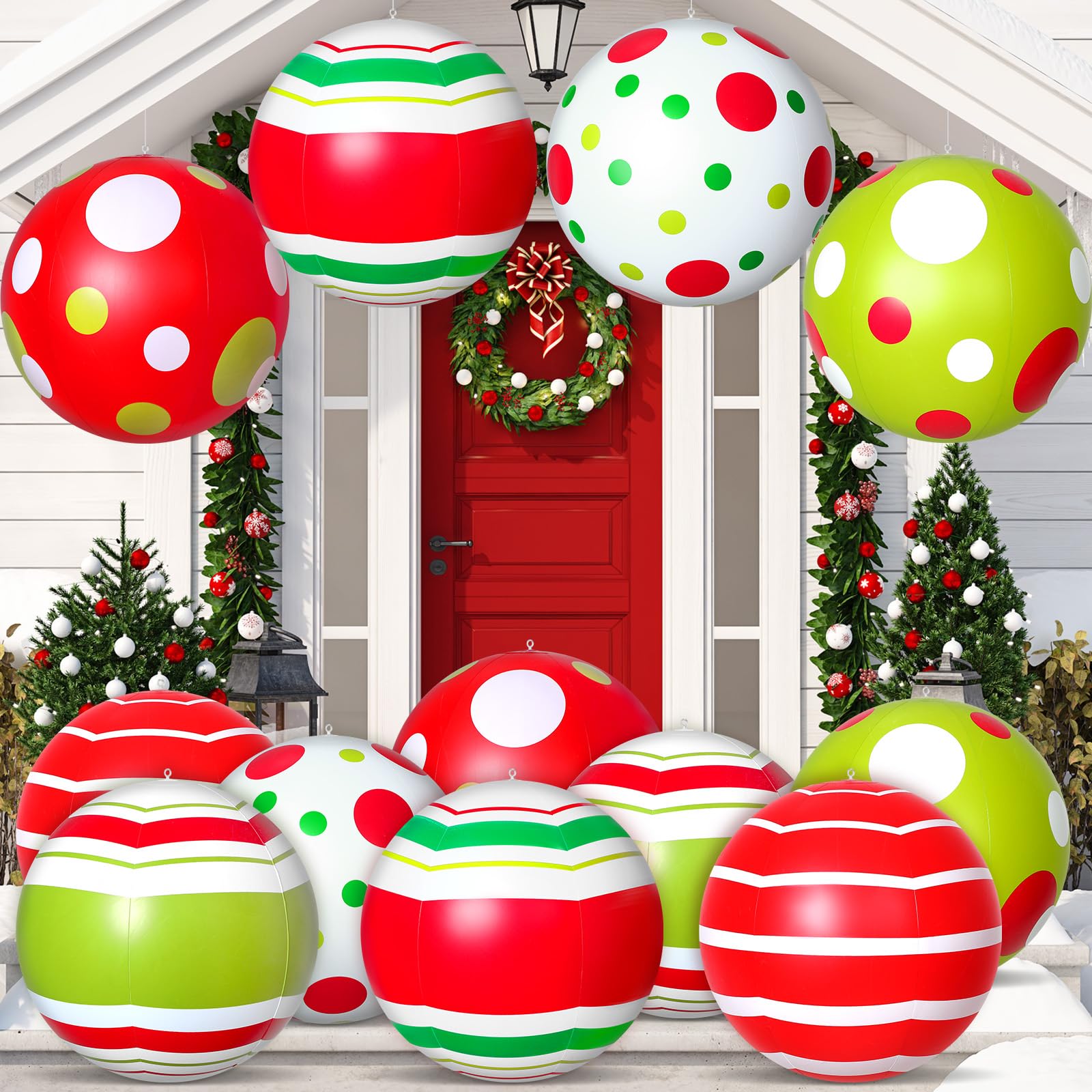 Photo 1 of 12 Pcs 24/16 Inch Giant PVC Christmas Inflatable Ball Outdoor Blow up Xmas Inflatables Ornaments Giant PVC Christmas Ornaments for Tree Yards Lawns Porch Garden Front Doors Holiday Decor(16 Inch)