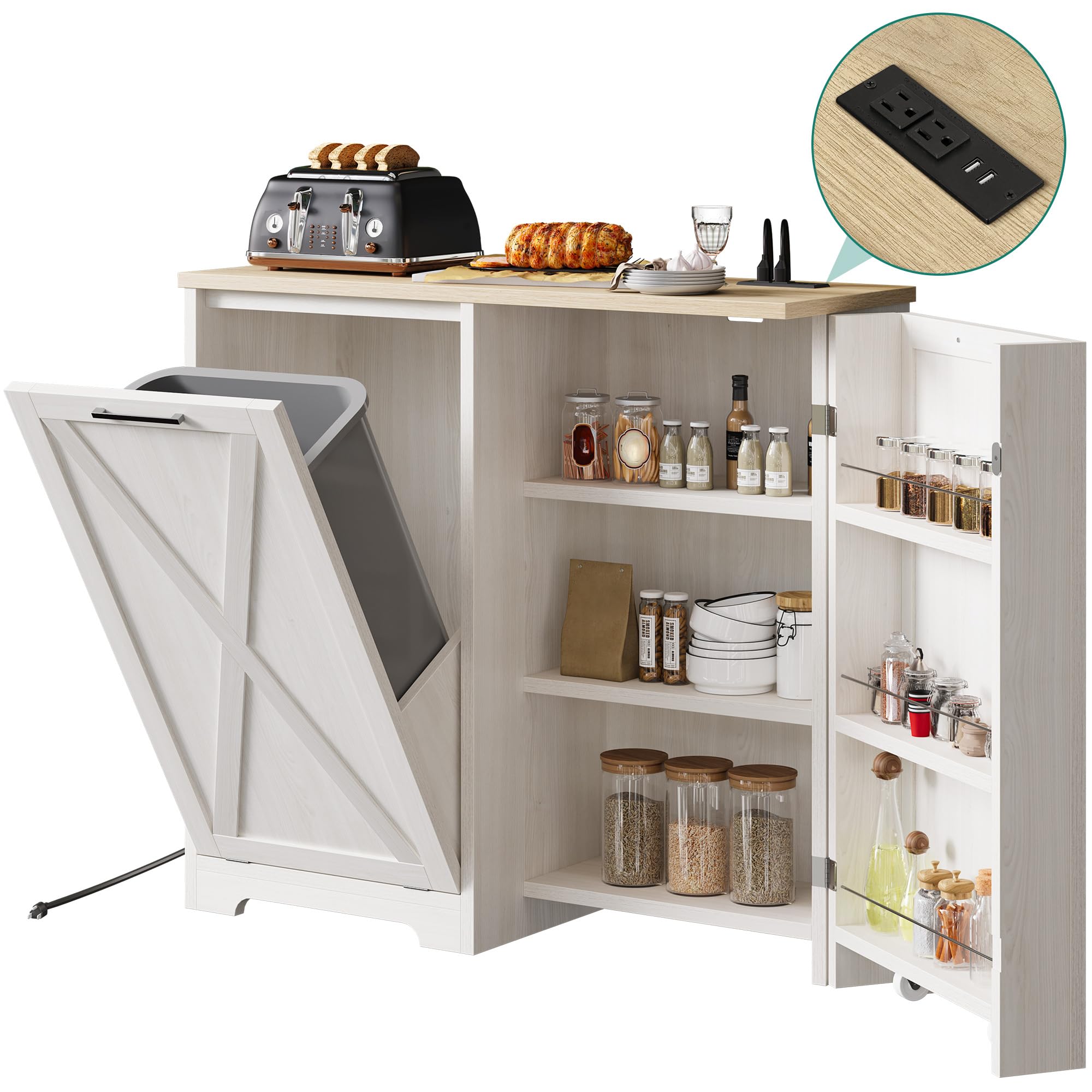 Photo 1 of YITAHOME 13 Gallon Tilt Out Trash Can Cabinet with Power Outer, Freestanding Kitchen Trash Recycling Cabinet with Storage Shelves for Kitchen, Dining Room, Off White