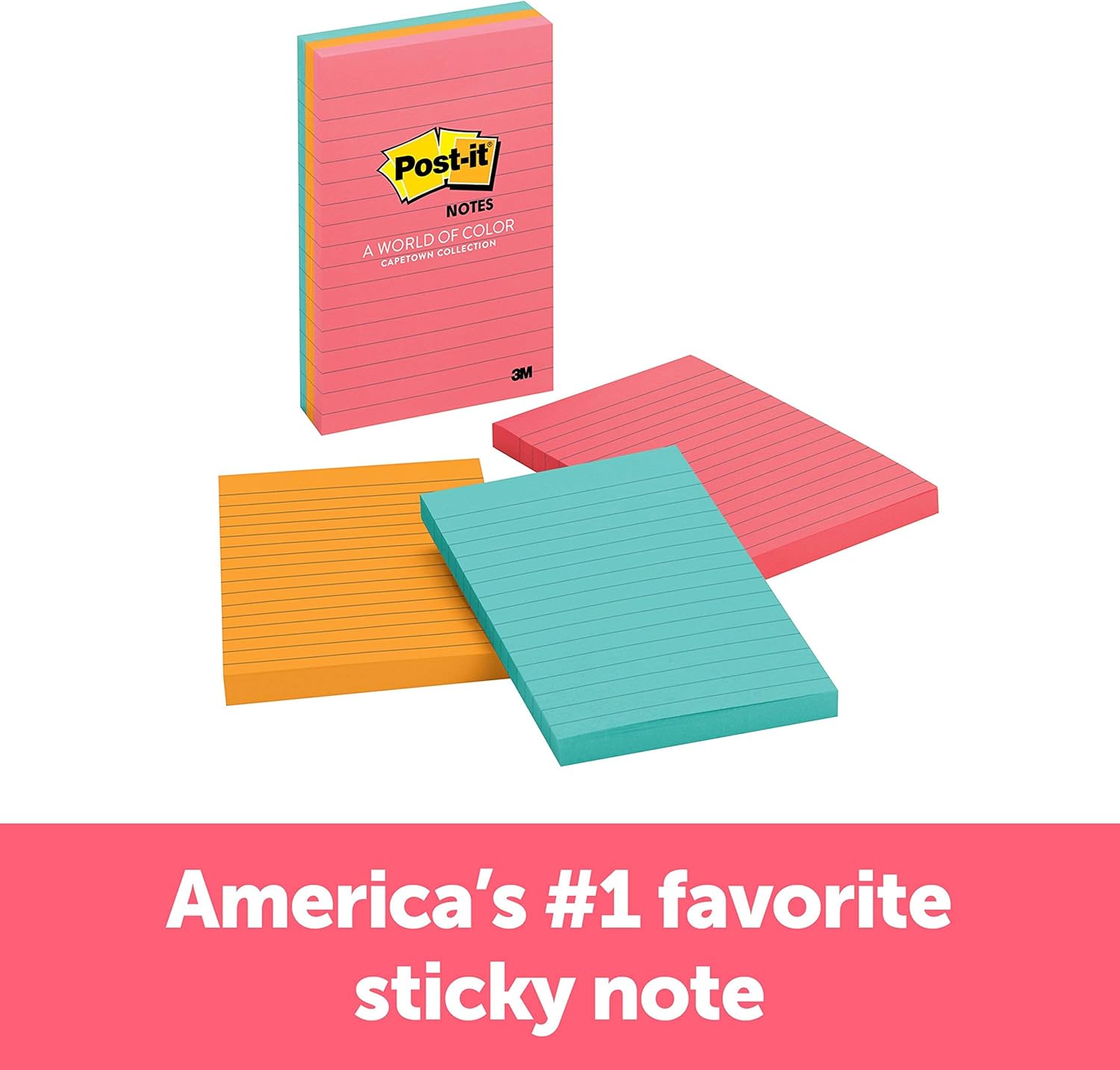 Post-it Notes, America’s #1 Favorite Sticky Note, 4 in x 6 in, Cape Town Collection, Lined, 3 Pads/Pack, 100 Sheets/Pad (660-3AN)