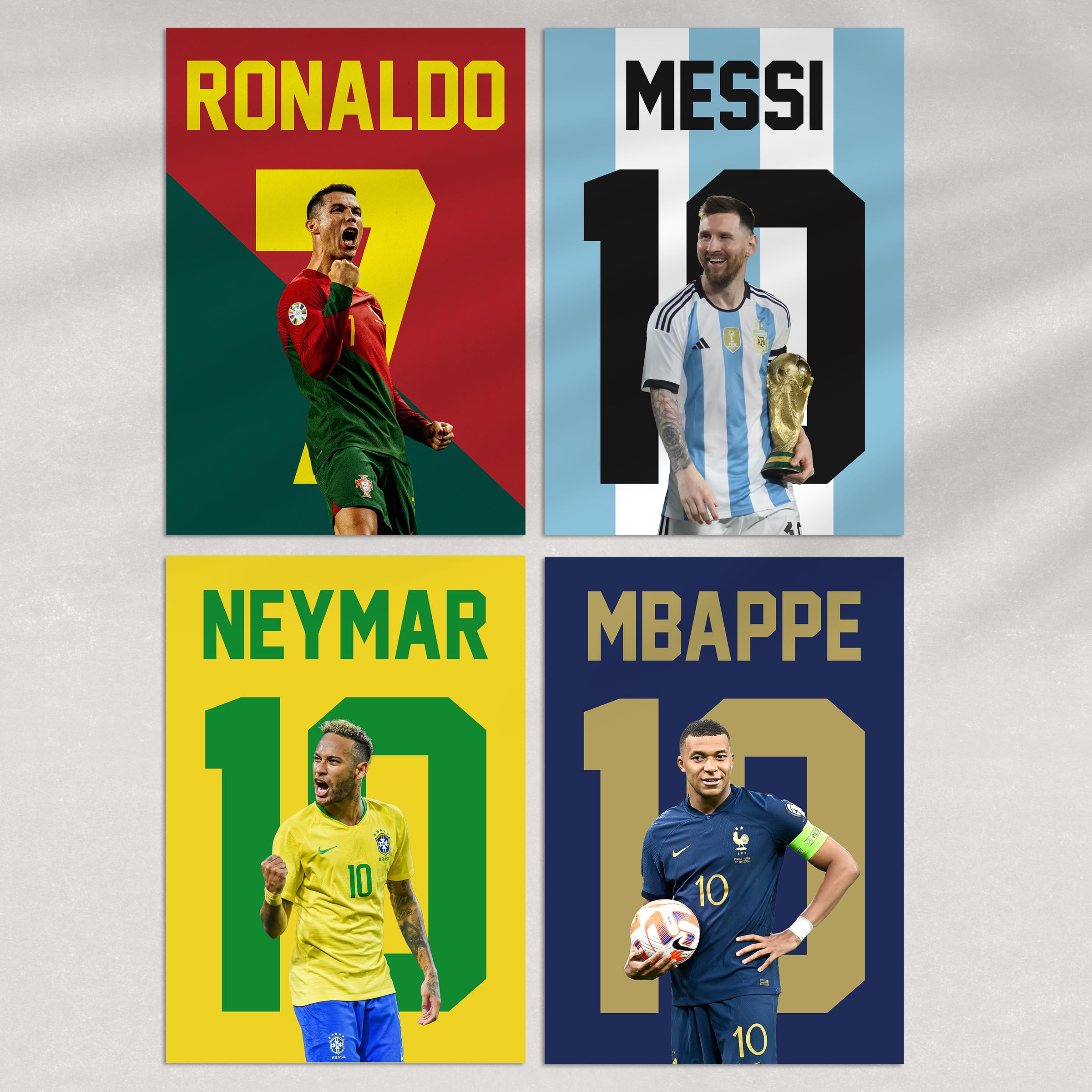 Football Wall Art Poster Prints For Boys Bedroom Set of 4 - Ronaldo, Messi, Mbappé and Neymar - [Frames Not Included] (Superstars, A4)