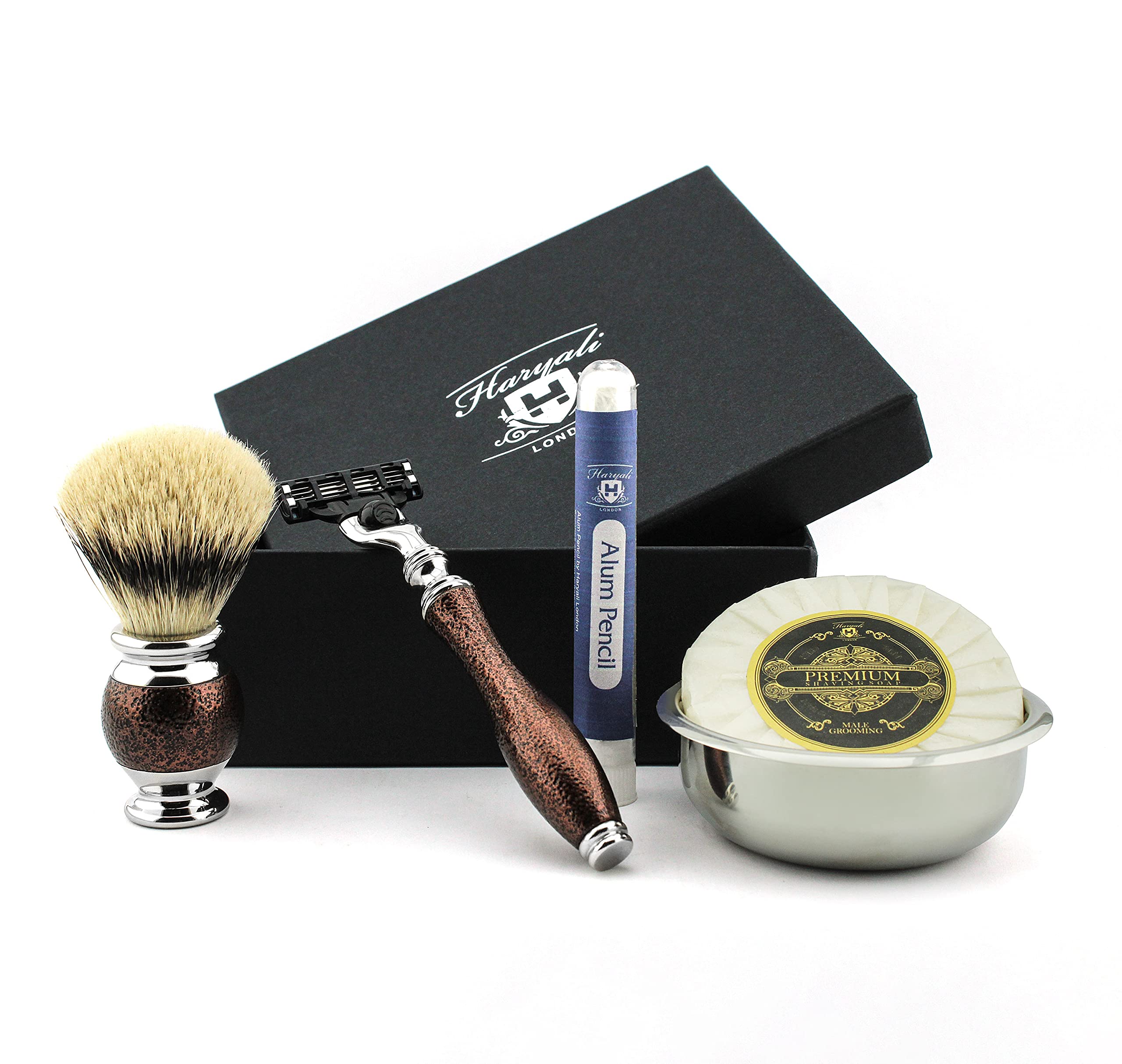 5 Pieces Maroon Antique Men's Shaving Set with Silver Tip Badger Brush & Match 3 Head Razor, Steel Bowl & soap. Christmas Gifts for Men!!