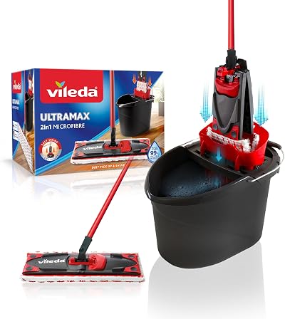 Vileda UltraMax Flat Mop and Bucket Set Red Hands-Free Wringing 180°