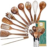 Kitchen Utenails Set with Holder,Kitchen Wooden Utensils for Cooking, Wood Utensil Natural Teak Wood Spoons for Cooking,Wooden Kitchen Utensil Set With Spatula and Ladle (11)