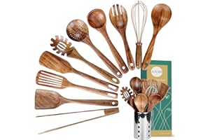 Kitchen Utenails Set with Holder,Kitchen Wooden Utensils for Cooking, Wood Utensil Natural Teak Wood Spoons for Cooking,Woode