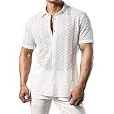 JOGAL Mens Floral Lace Shirt See Through Casual Button Down Shirts