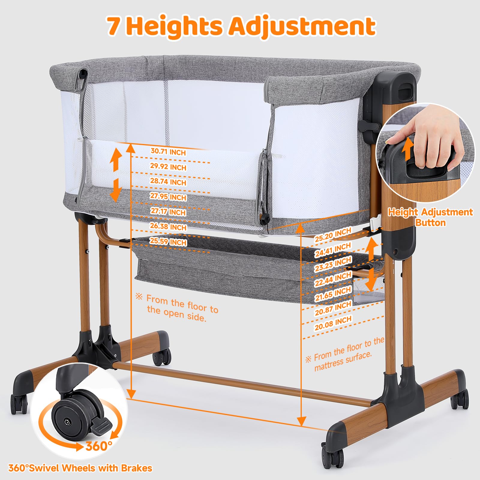 Ezebaby 3-in-1 Rocking Bassinet for Baby Adjustable Baby Bassinets Bedside Sleeper with Wheels Storage Basket and Mesh Sides for Newborn Infant