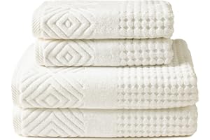 TEXERESILK Texere 100% Organic Cotton Diamond Jacquard 700 GSM Luxury Bath Towel Sets - Ultra Soft and Absorbent Hotel and Spa Quality (Diamond, Cream, 2 Bath & 2 Hand Towels)