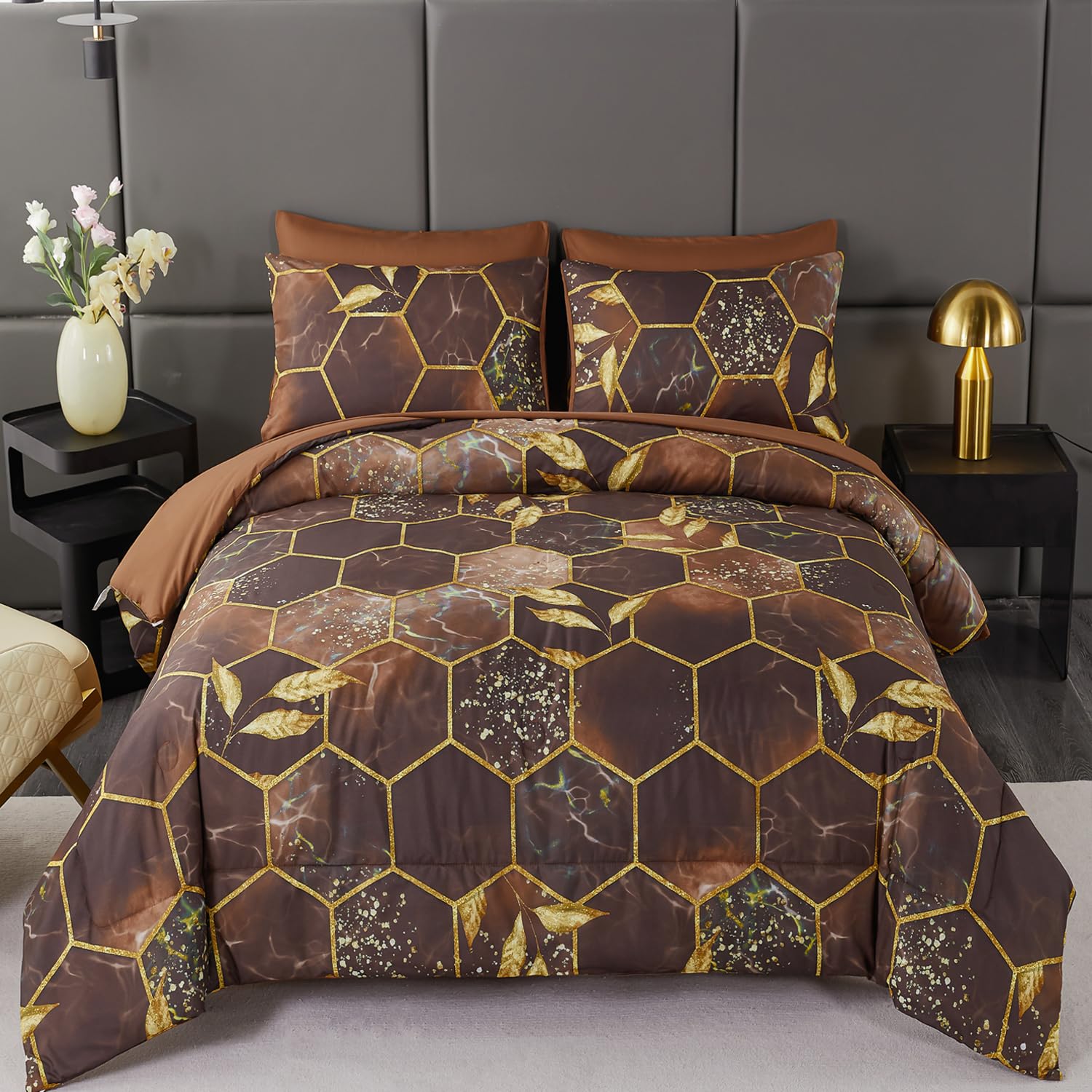 Photo 1 of ANGIYUIN Brown Gold Marble California King Size Bed in A Bag with Sheets,7 Pieces Hexagon Honeycomb and Gold Leaves Comforter Set, Western Watercolor Bedding Comforter Set for Women Men