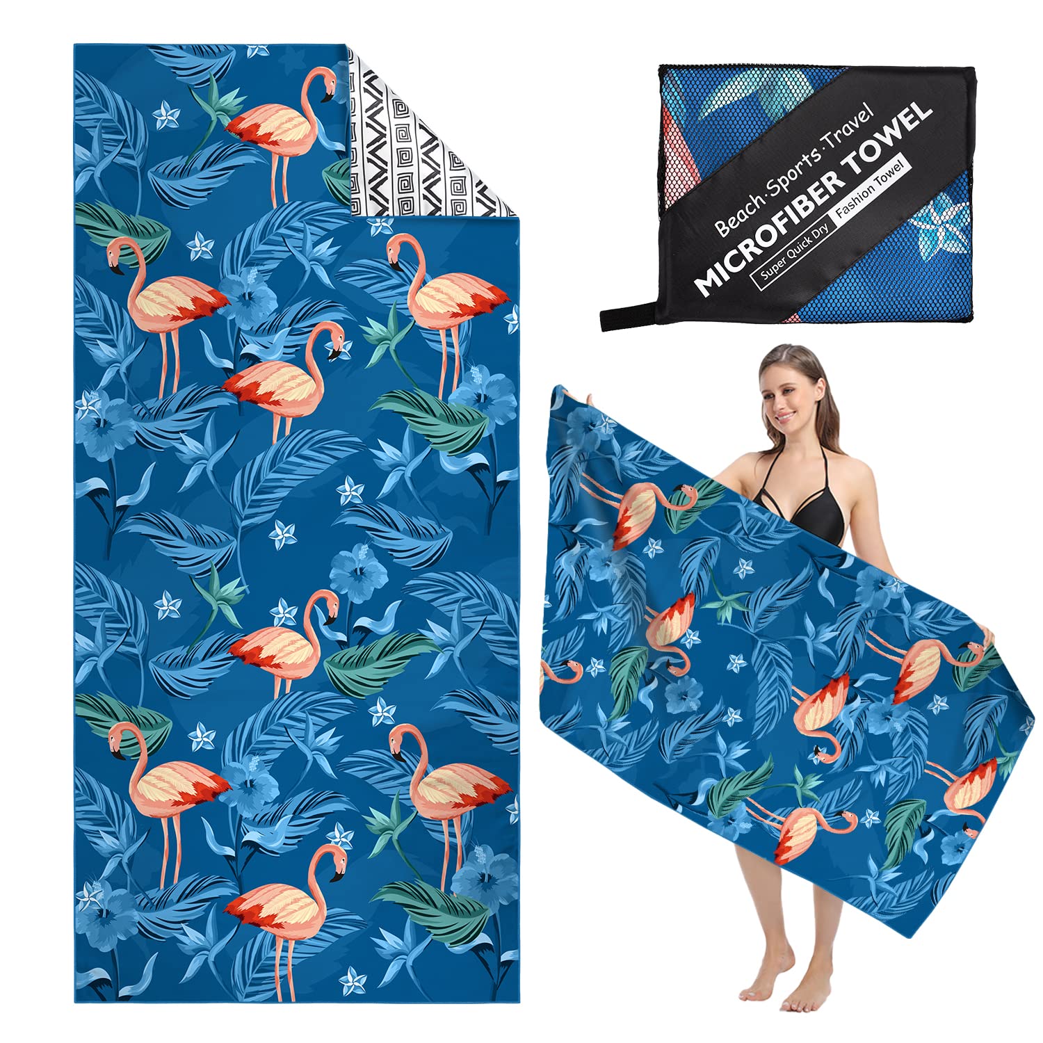 MEQUER Beach Towels For Adults, Microfibre Beach Towel, 180x80cm Extra Large Quick Dry Sand Free Beach Towel, Lightweight Swimming Towel Travel Towel for Beach, Pool, Gym, Camping (Flamingo Blue DIY) — image 1