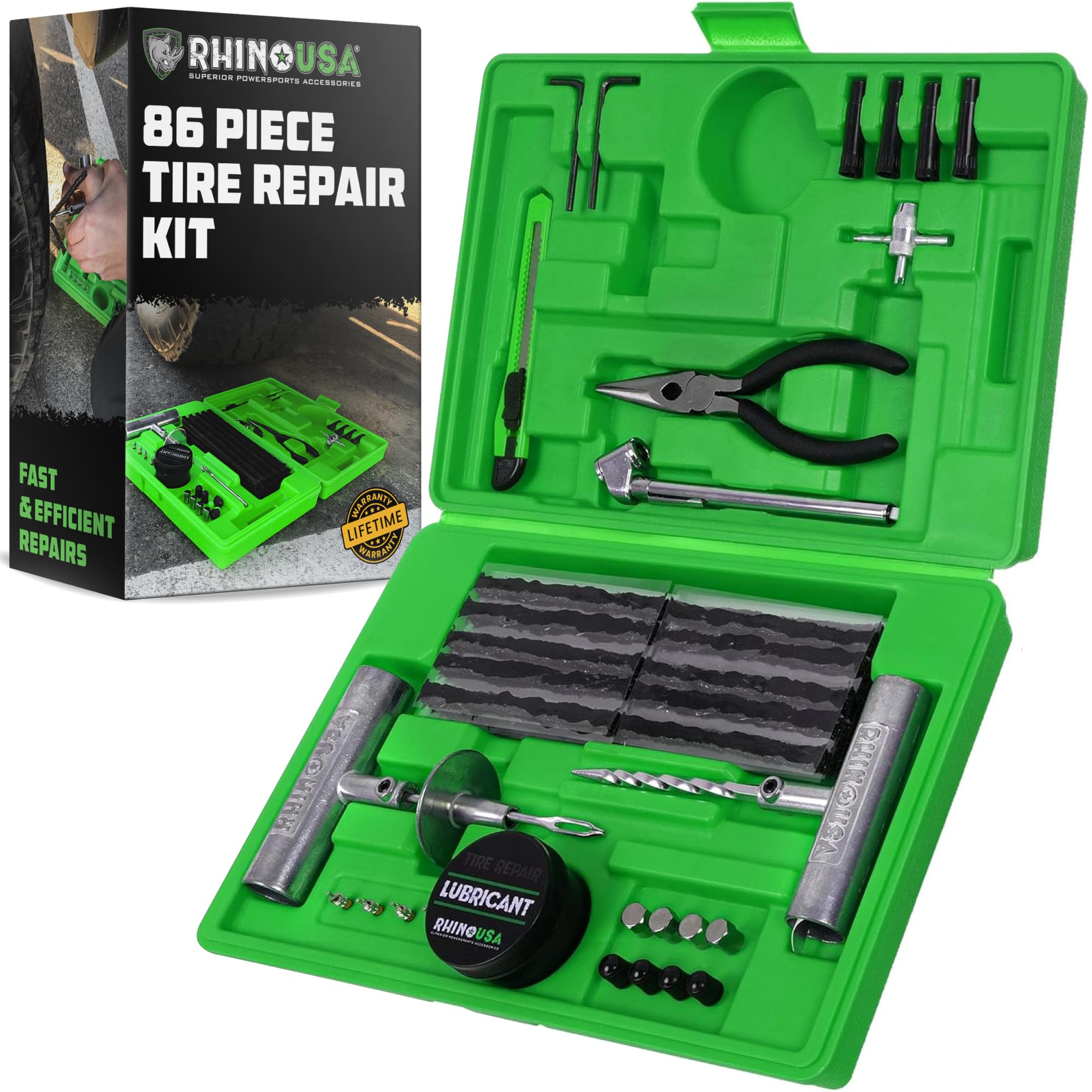 Rhino USA Tyre Repair Kit (86-Piece) Professional Heavy-Duty Tyre Plug Kit to Fix Punctures & Patch Flats with Ease – Ultimate Tubeless Tyre Repair Tools for Car, Motorcycle, ATV, UTV, and Trailer