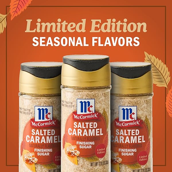 MCCORMICK FINISHING SUGAR, SALTED CARAMEL, RICH, CREAMY CARAMEL WITH A TOUCH OF SALT, ADD TO WARM BEVERAGES, SPRINKLE ON TREATS & SNACKS, NO COLORS FROM ARTIFICIAL SOURCES, 3.81 OZ