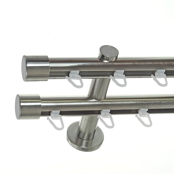 Innenlauf Gardinenstange Edelstahl Look 20mm Wandträger 2-läufig Kappe, Länge wählbar H40 E30E30, Länge:180 cm