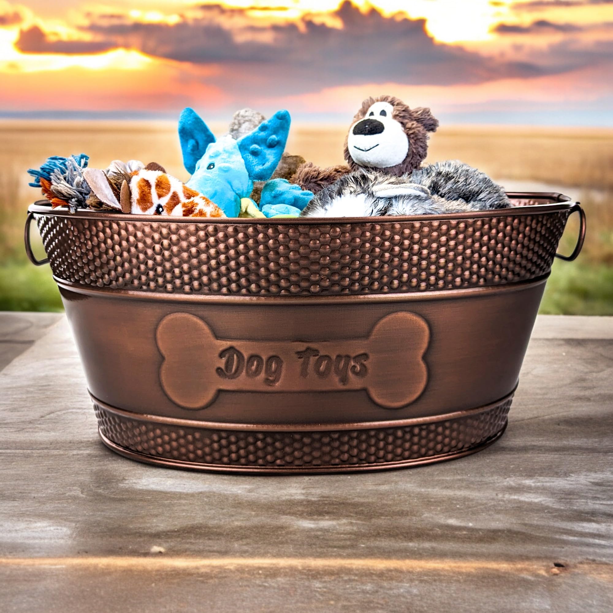 BREKX Indestructible Metal Dog Toy Bin - Copper Galvanized Storage Bin with Handles, Pet Storage Organizer - Ropes, Blankets, & Leashes, Bone Design Pet Toy Box (15-Quart)