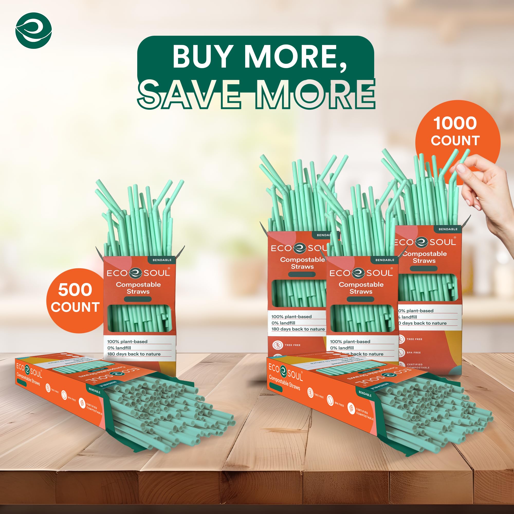 ECO SOUL 100% Compostable Straws [100 Count][8.25"] Eco-Friendly Biodegradable Sustainable Disposable Straws, Cocktail Cold Drink Smoothie Bendable Straws - Image 6