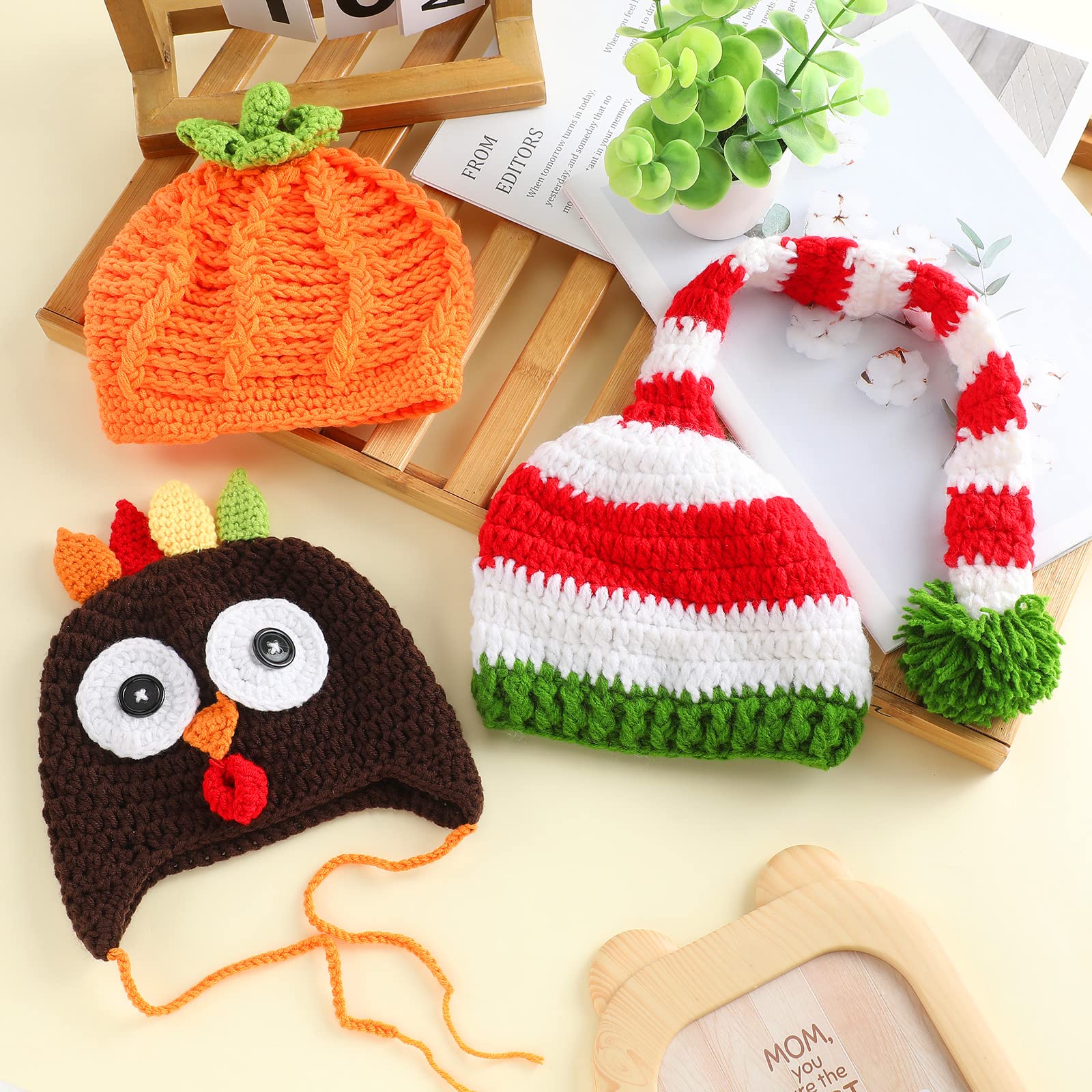 Jiuguva 3 Pieces Baby Crochet Beanie Set, Pumpkin Hat Turkey Beanie and Christmas Long Tail Cap for Unisex Baby Fall Halloween Thanksgiving Xmas Photo Prop
