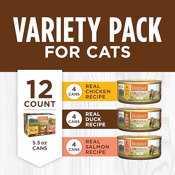 INSTINCT ORIGINAL PATE WET CAT FOOD, GRAIN FREE RECIPE – VARIETY PACK, 5.5 OZ. CANS (PACK OF 12)