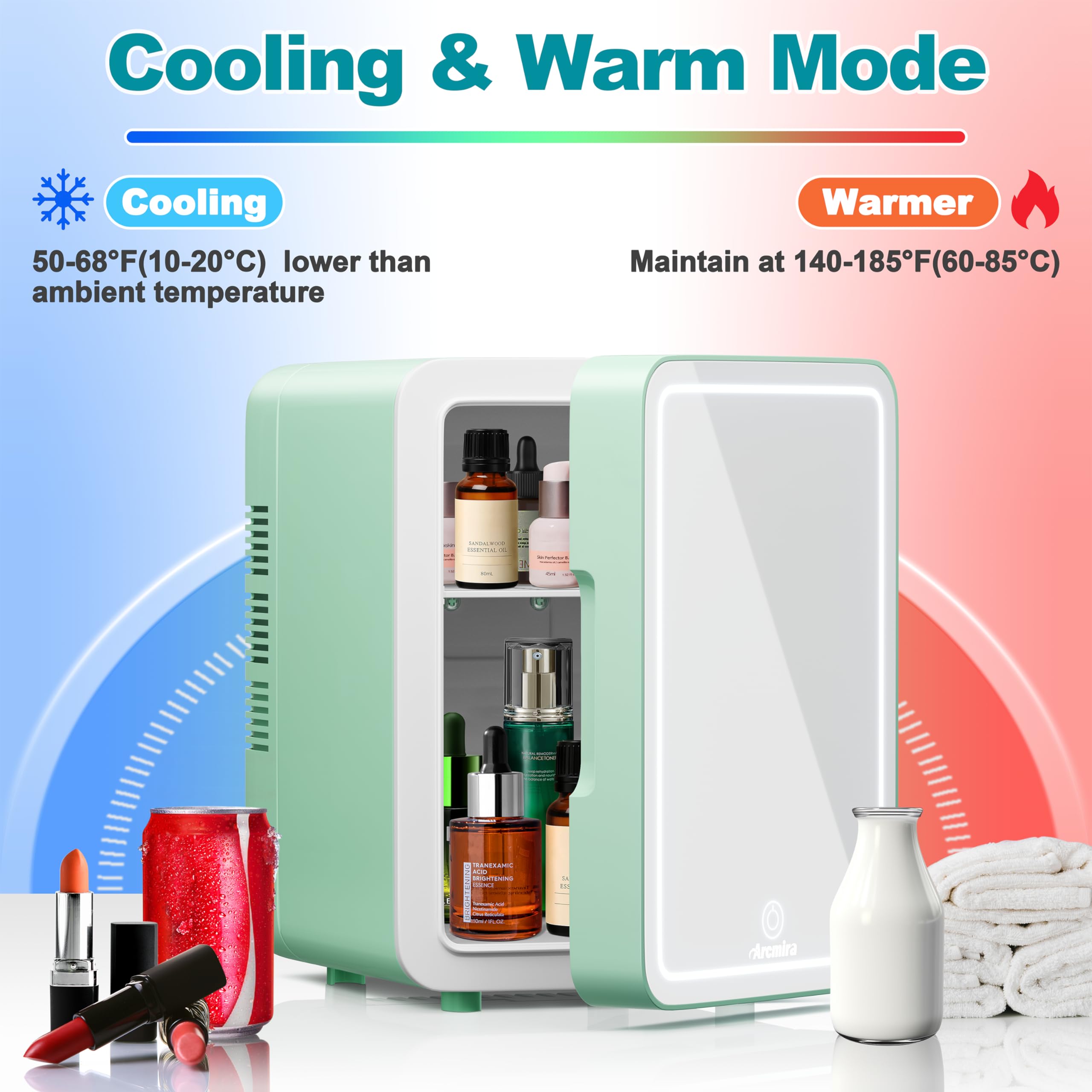 Arcmira Mini Skincare Fridge With Dimmable LED Light Mirror, 4L Makeup Fridge Cooler and Warmer for Bedroom, Car, Office, Portable Small Refrigerator AC/DC Powered for Cosmetics and Food, Green