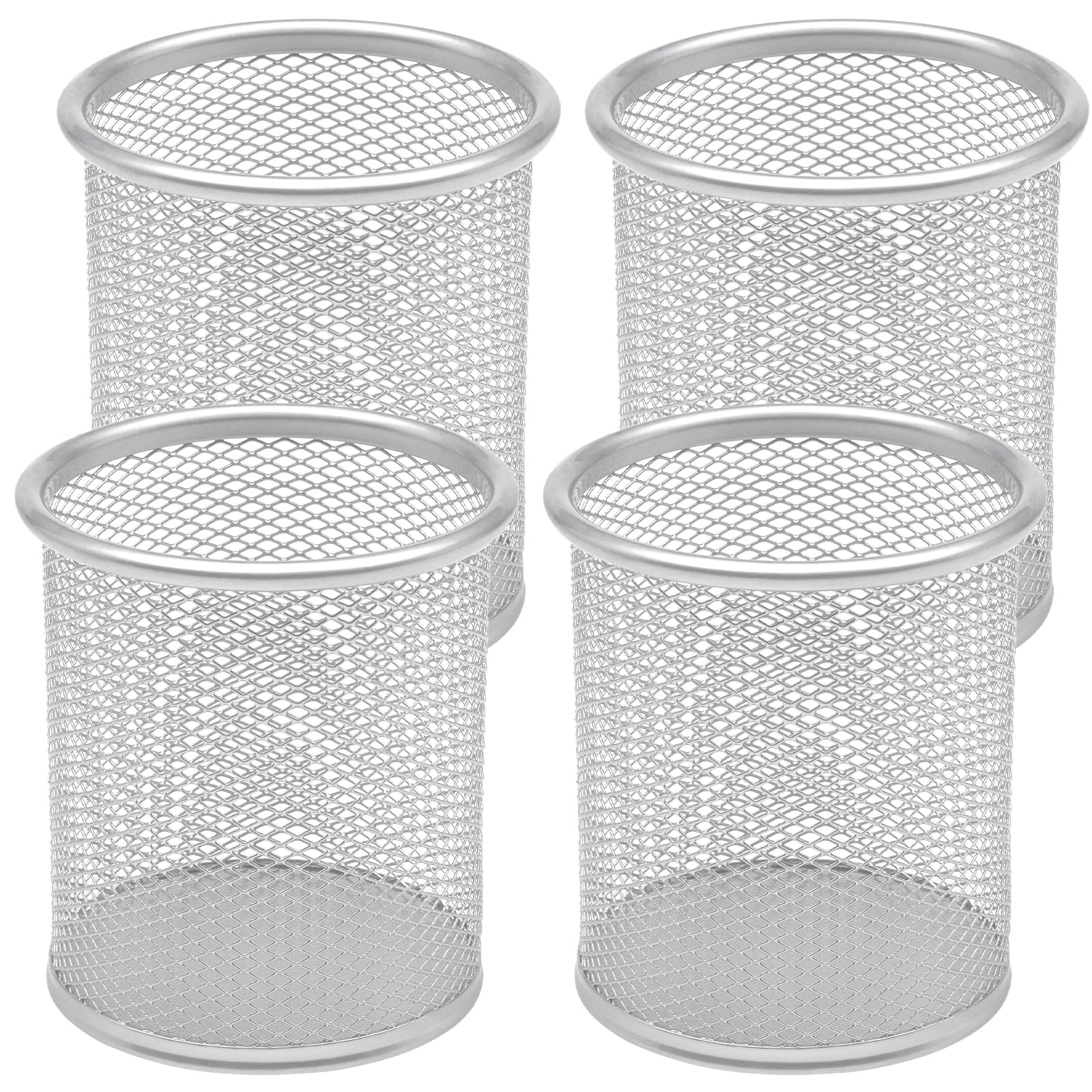 DIFIT 4PC Pen Holder, Metal Pen Pot, Silver Pencil Pot, Mesh Portable Durable Pens Pots for Desk, Pens Holder for Office Learning School Home, Round