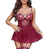 Avidlove Sexy Lingerie for Women Deep V Neck Lace Babydoll Mesh Chemise Boudoir Nighty with Garter Belt