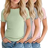 YooAurvox 3 Pack Girls Ribbed Knit Lettuce Trim T-Shirts 5-14Y Short Sleeve Kids Boat Neck Slim Fit Trendy Casual Layer Tops