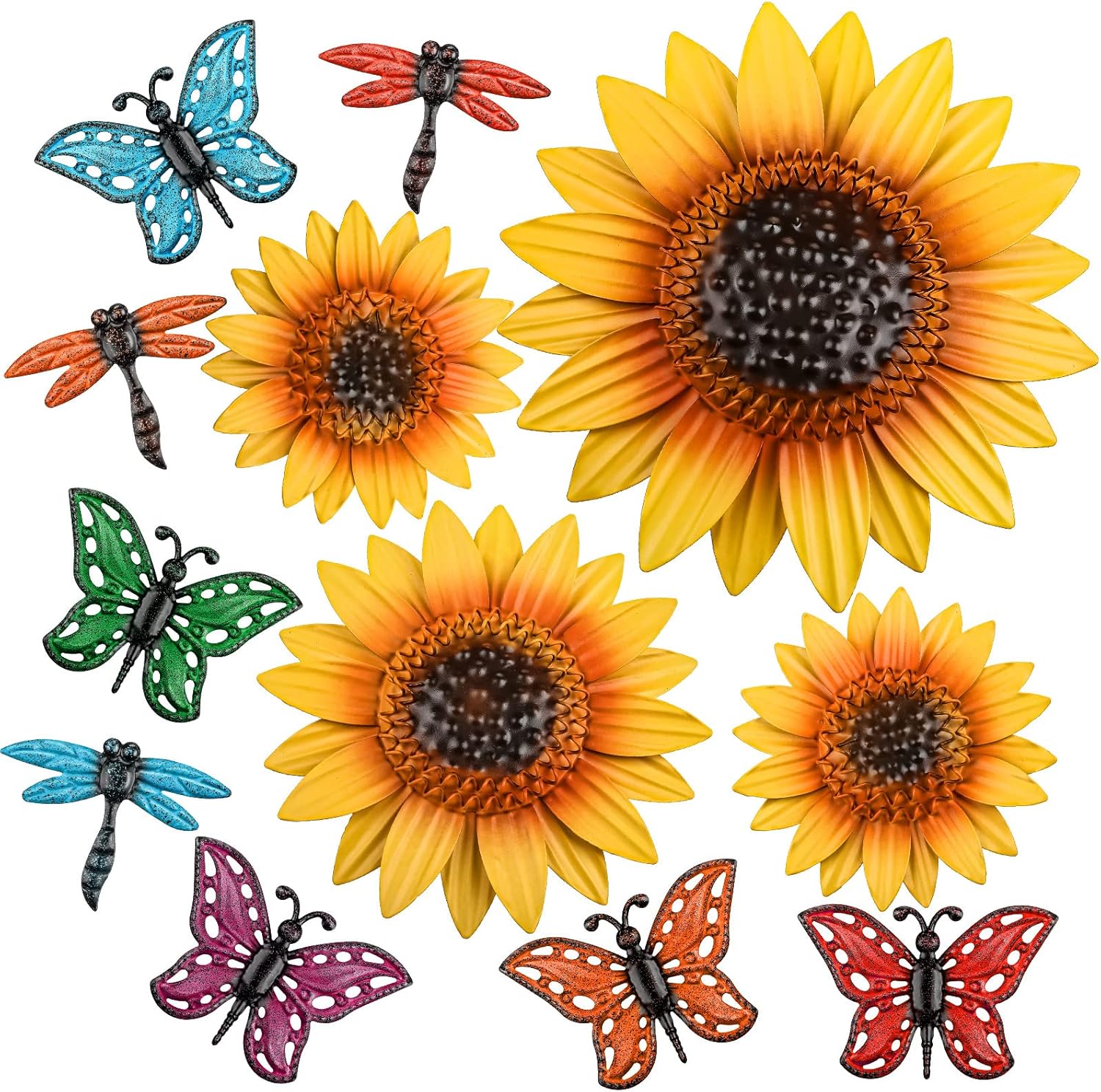 Plaques & Wall Art - Sweetude 12 Pcs Metal Sunflower Wall Decor Colorful Metal Dragonfly Butterfly Outdoor Decor Garden Fence Patio Yard Flowers Wall Art Metal Summer Flowers Wall Decor Hanging for Home