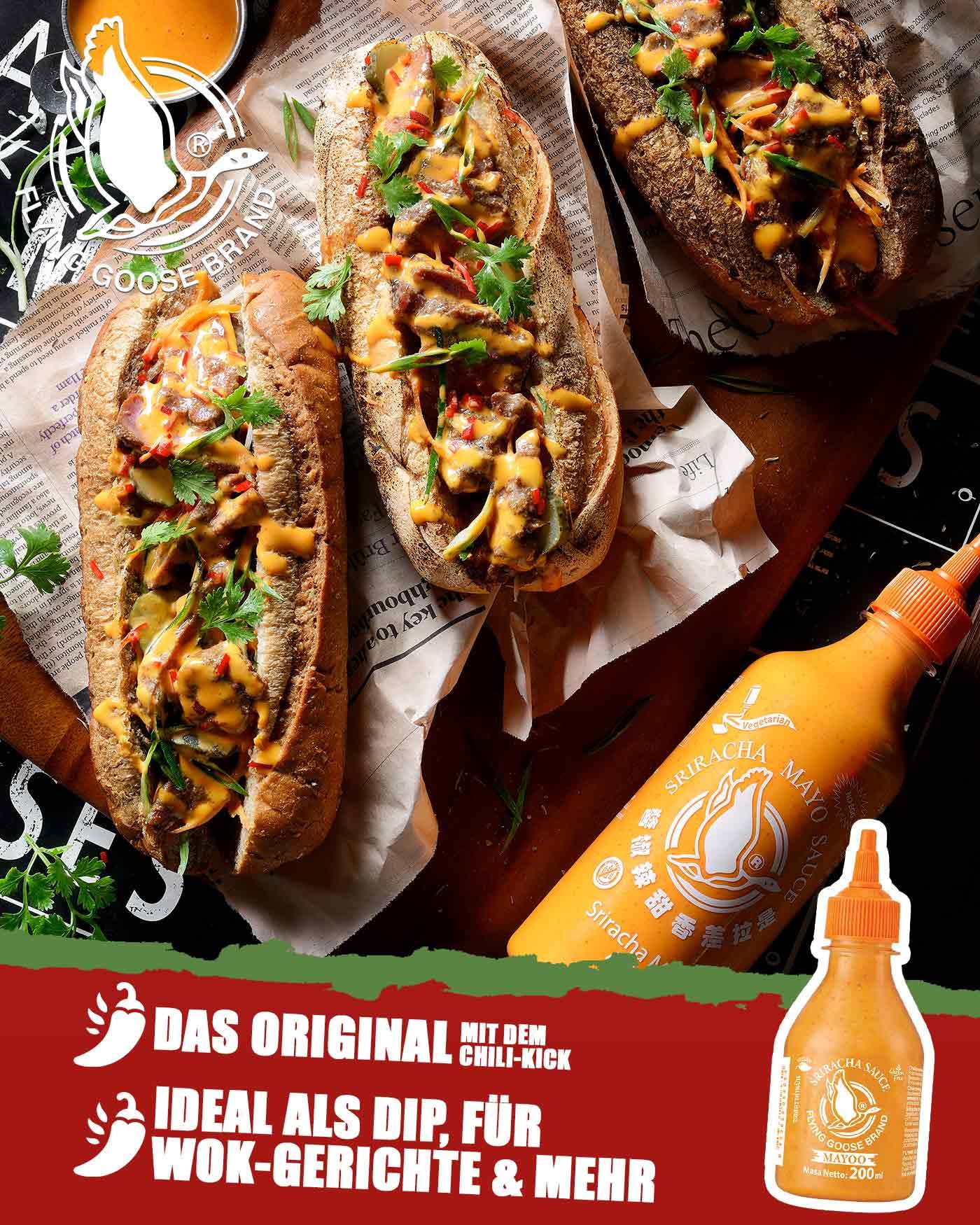 FLYING GOOSE Sriracha Mayoo Sauce, pikante Mayonnaise, leicht scharf, orange Kappe, Würzsauce aus Thailand, vegetarisch, 1 x 200 ml 3