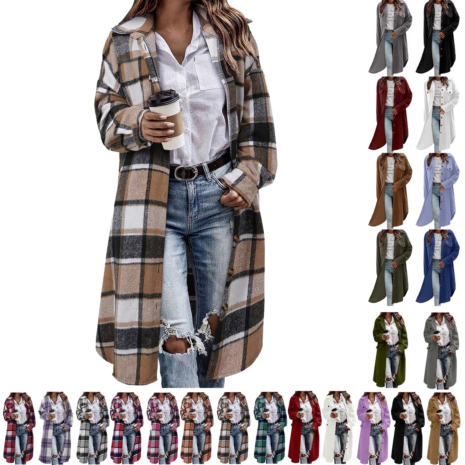 Furundly Plaid Shacket Women Fall Flannel Jacket Long Button Down Woolen Coat Oversized Shirt Jackets Winter Clothing