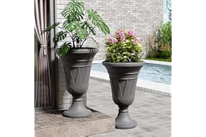 FONTOI 23.6" Tall Plastic Urn Planter (2-Pack) – Planters for Outdoor Plants with Drainage Holes & Trophy Design, Heavy-Duty Classic Indoor Large Flower Pots for Home Garden, Front Porch & Decor, Grey
