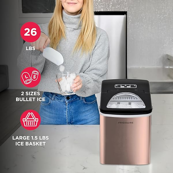 FRIGIDAIRE EFIC117-SSCOPPER-COM STAINLESS STEEL ICE MAKER, 26LB PER DAY, COPPER STAINLESS