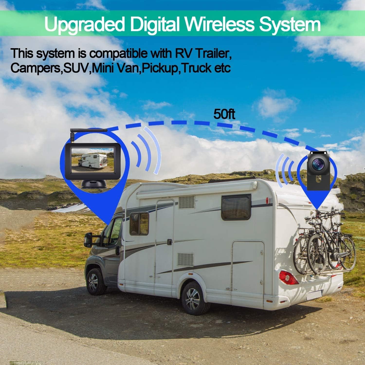 Yakola W9 1080P Digital Wireless Backup Camera,Rear-View Camera 5’’Monitor,High-Speed Observation System,Night Vision,Guild Lines ON/Off - Image 3