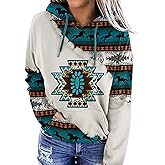 Lanaoree Women's Geometric Horse Print Aztec Hoodie Pullover Cowgirl Western Hooded Sweatshirt S-2XL