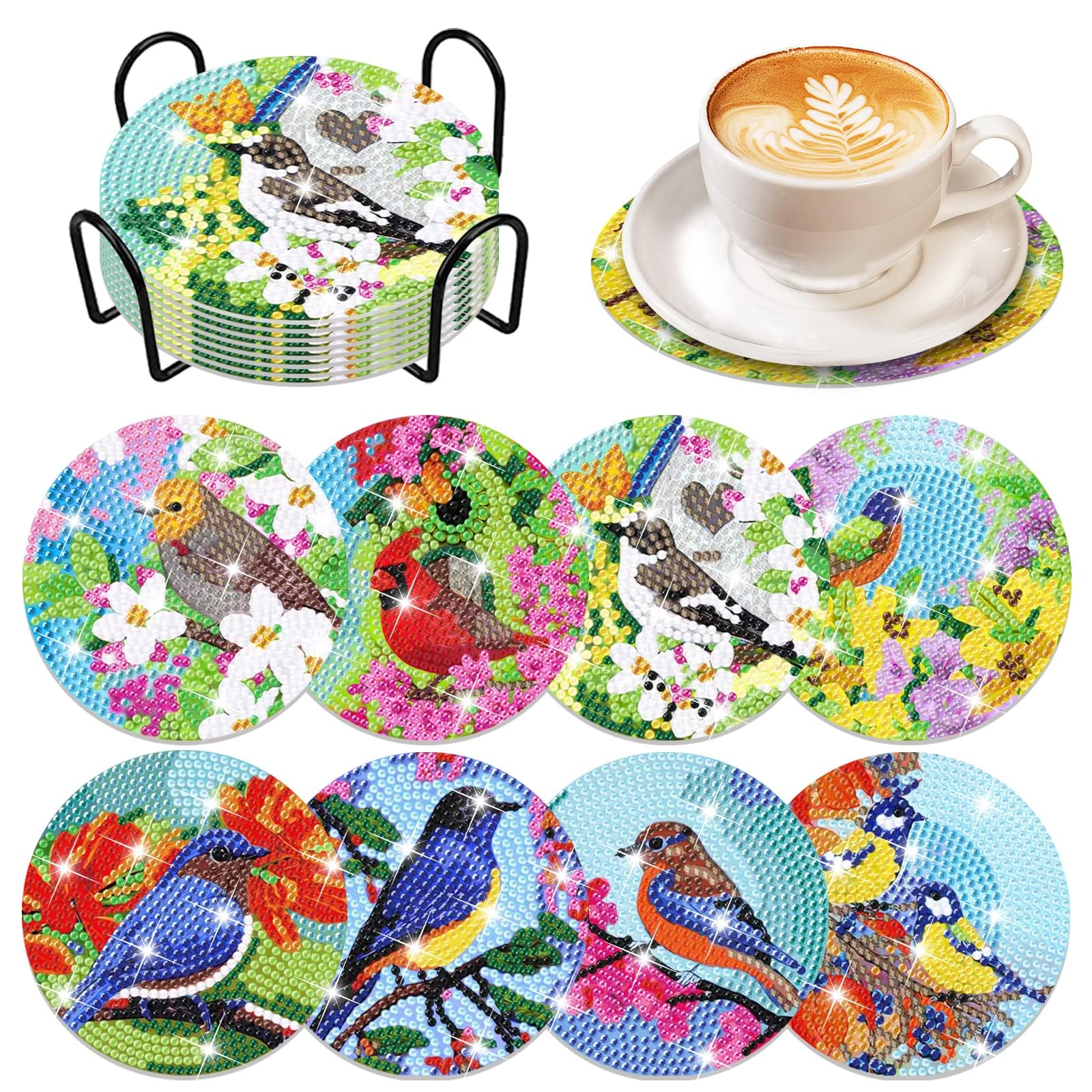 8 Pcs Bird Diamond Art Coasters Kits with Holder DIY Flower Bird Diamond Art Coaster Non Slip Coaster for Adults Diamond Kits Supplies