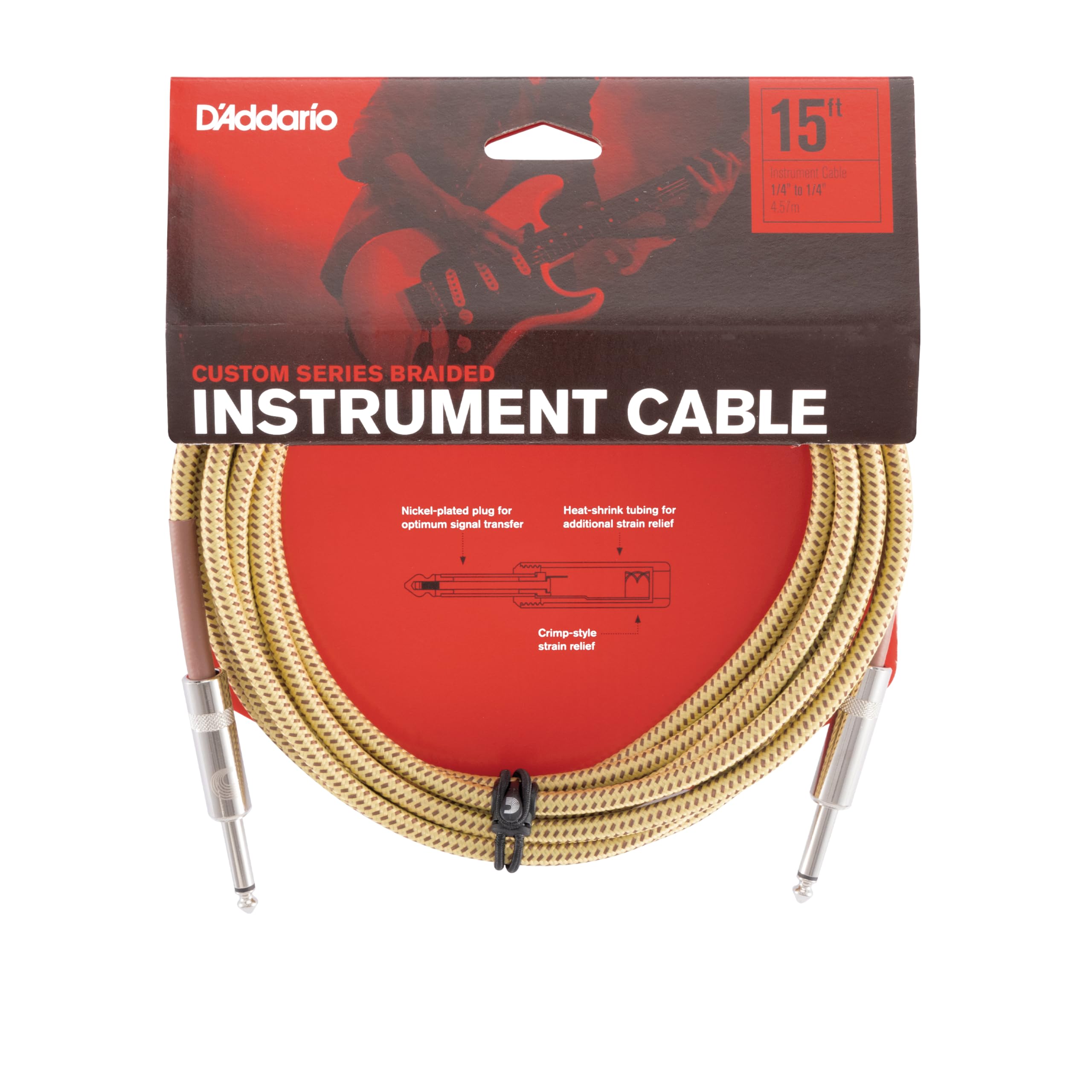 D’Addario Accessories Custom Series Braided Guitar Cable - Instrument Cable with Nickel Plated ¼ Inch Ends - Protects Guitar Cord Against Cuts, Kinking - 15 feet - Tweed