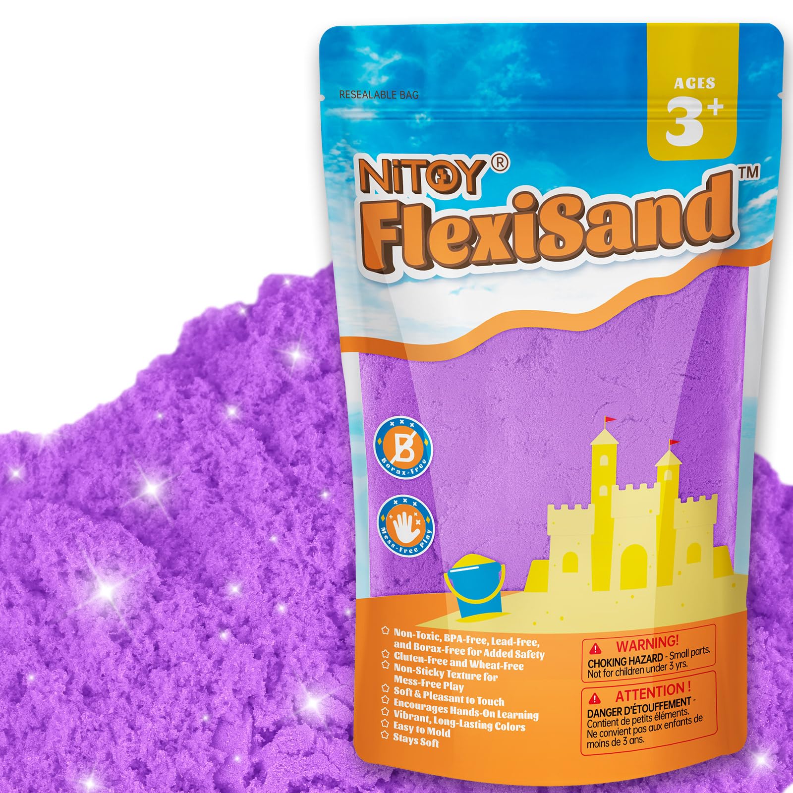 NiToy FlexiSand 2.2Lbs Play Sand, Never Dries Out-Fun for 3 Years and up Kids Bulk Refill for Sensory Sand Box Toys, Ideal for Shaping, Squeezing and Molding(Purple)