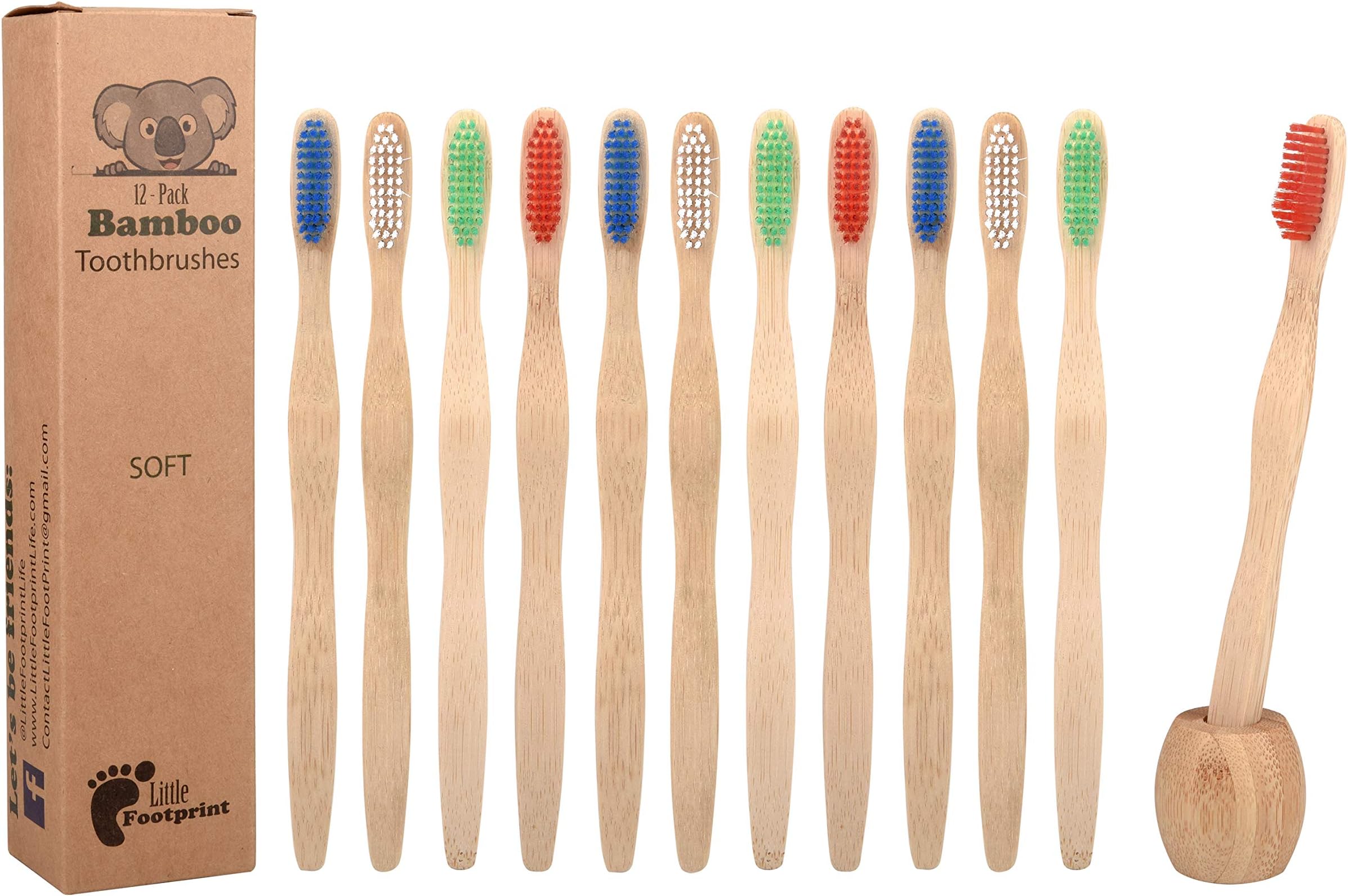Bamboo Toothbrush | 12 Pack toothbrushes + Tooth Brush Holder | Biodegradable Compositable Natural Wood | Non Toxic Soft BPA Free Bristles | by Little Footprint…