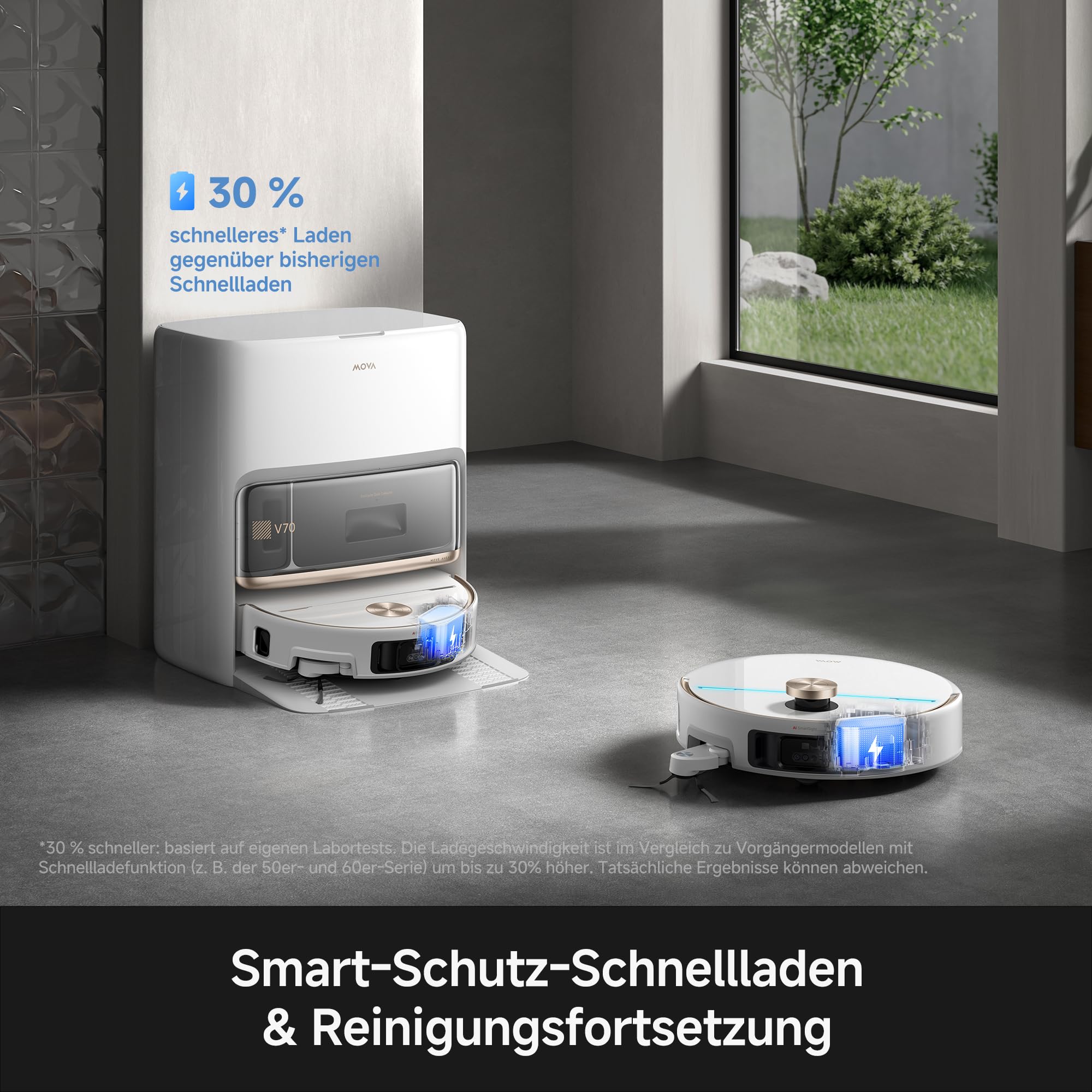 Mova V70 Ultra Complete X Saugroboter, MaxiReachX-Doppelverlängerung Seitenbürste & Mopp, 40.000 Pa Saugkraft, 15N Abwärtsdruck & 300 U/min Wischen, 9 cm Hindernisüberwindung, EcoCyclone-Staubbehälter 8