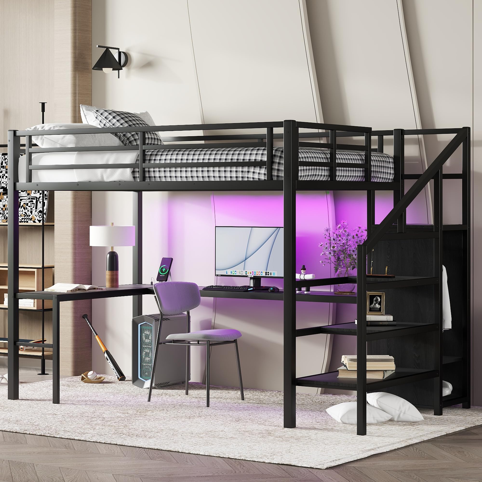 Photo 1 of ******PARTIAL SET, MISSING BOX 2 *MISSING HARDWARE**************
Full Size Metal Loft Bed with Desk and Wardrobe,Heavy Duty Loft Bed Frame with Storage Stairs and LED Lights for Kids,Teens,Adults,Space Saving,Black