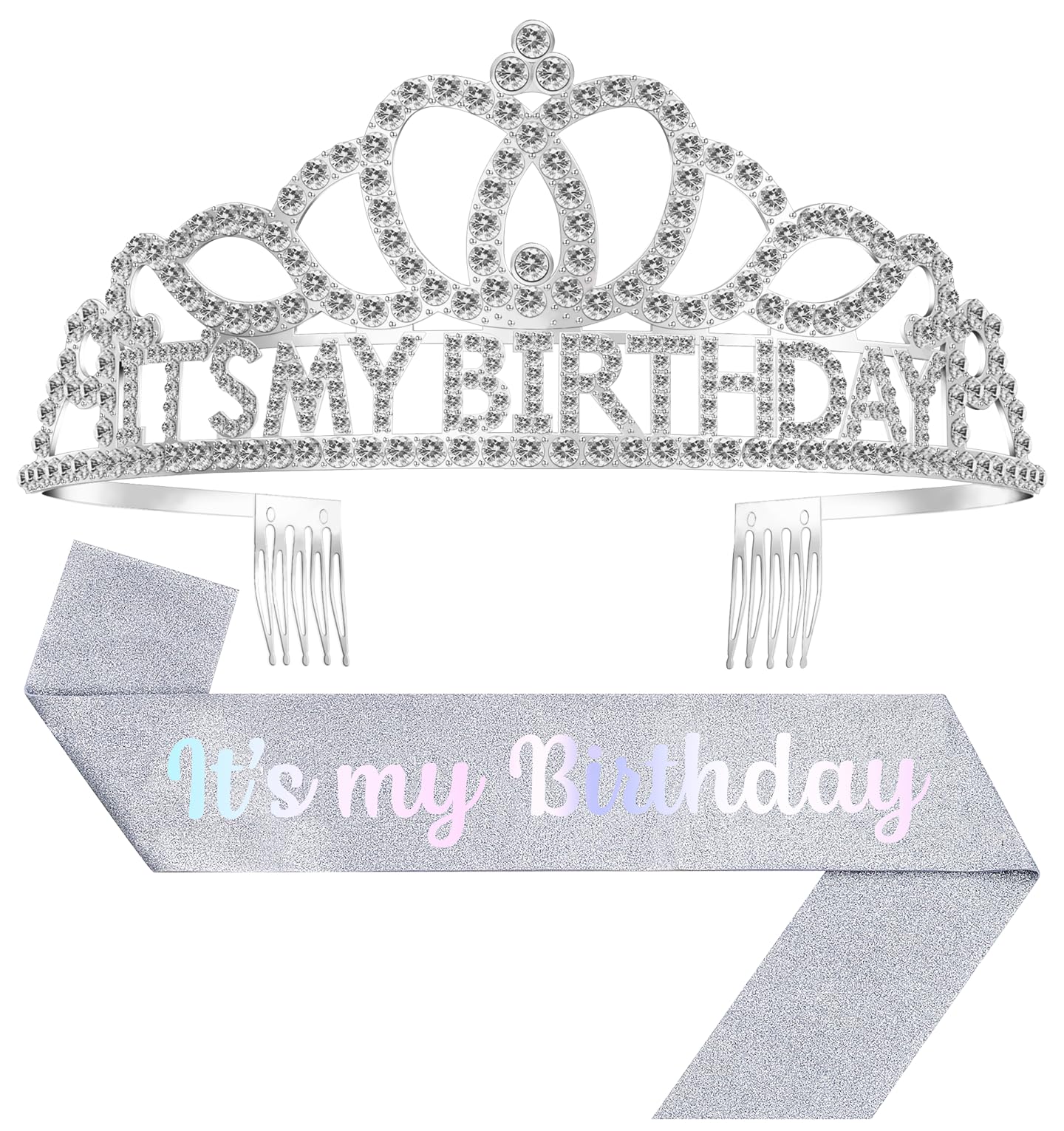 Photo 1 of Papoopy Birthday Tiara and Crown with Sash, Birthday Tiara for Women Party Silver